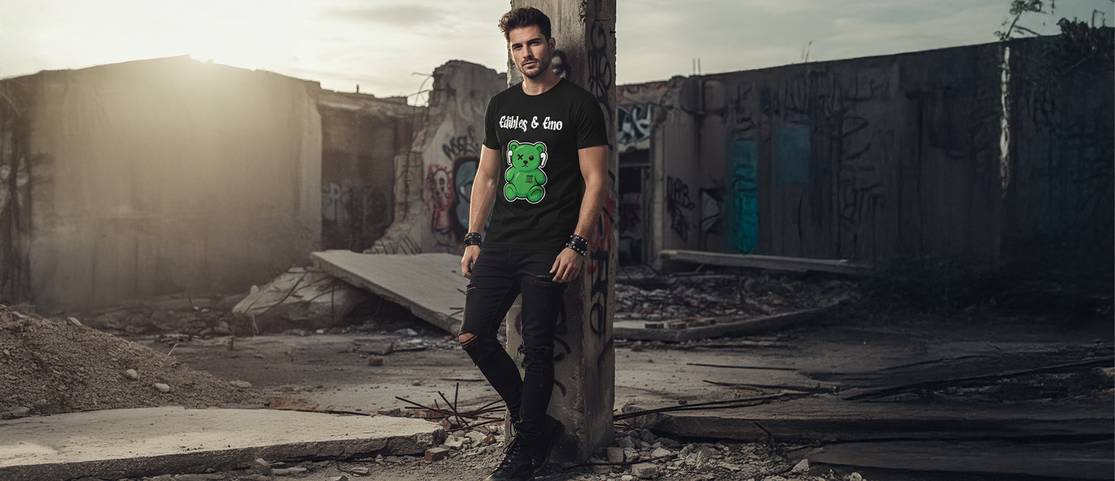 Man wearing a black t-shirt with a green graphic in an urban, dilapidated setting