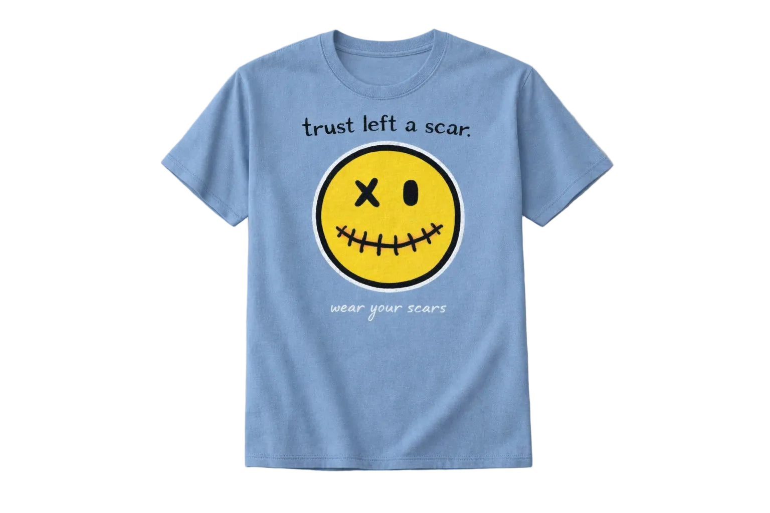 Light blue t-shirt with a yellow smiley face graphic and text on a gray background